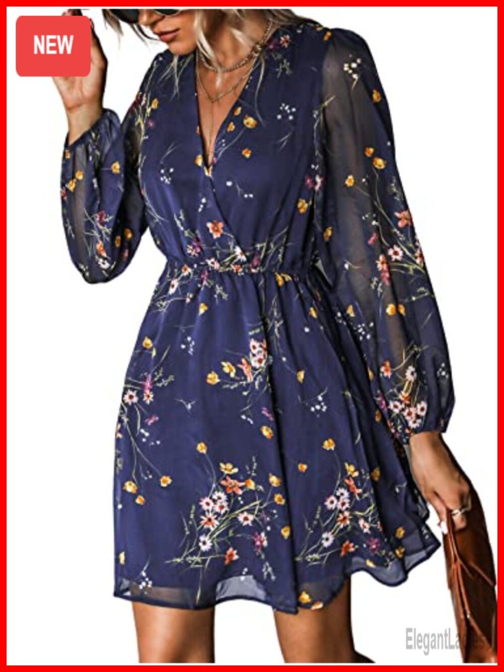 CUPSHE Floral Mini Dress Surplice V-Neck Chiffon Long Sleeve Wedding Guest